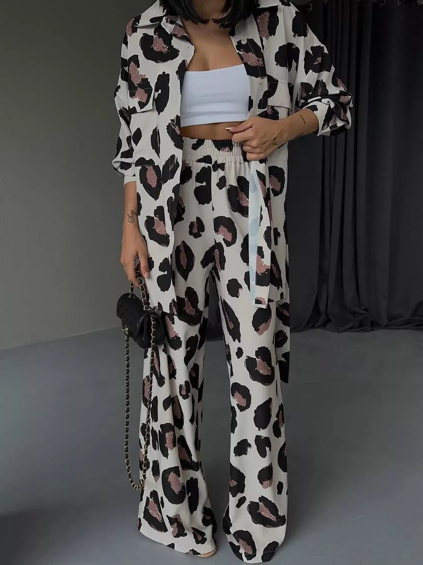 Trendsi Leopard Print Relaxed Fit Shirt and Pants Two-Piece Set