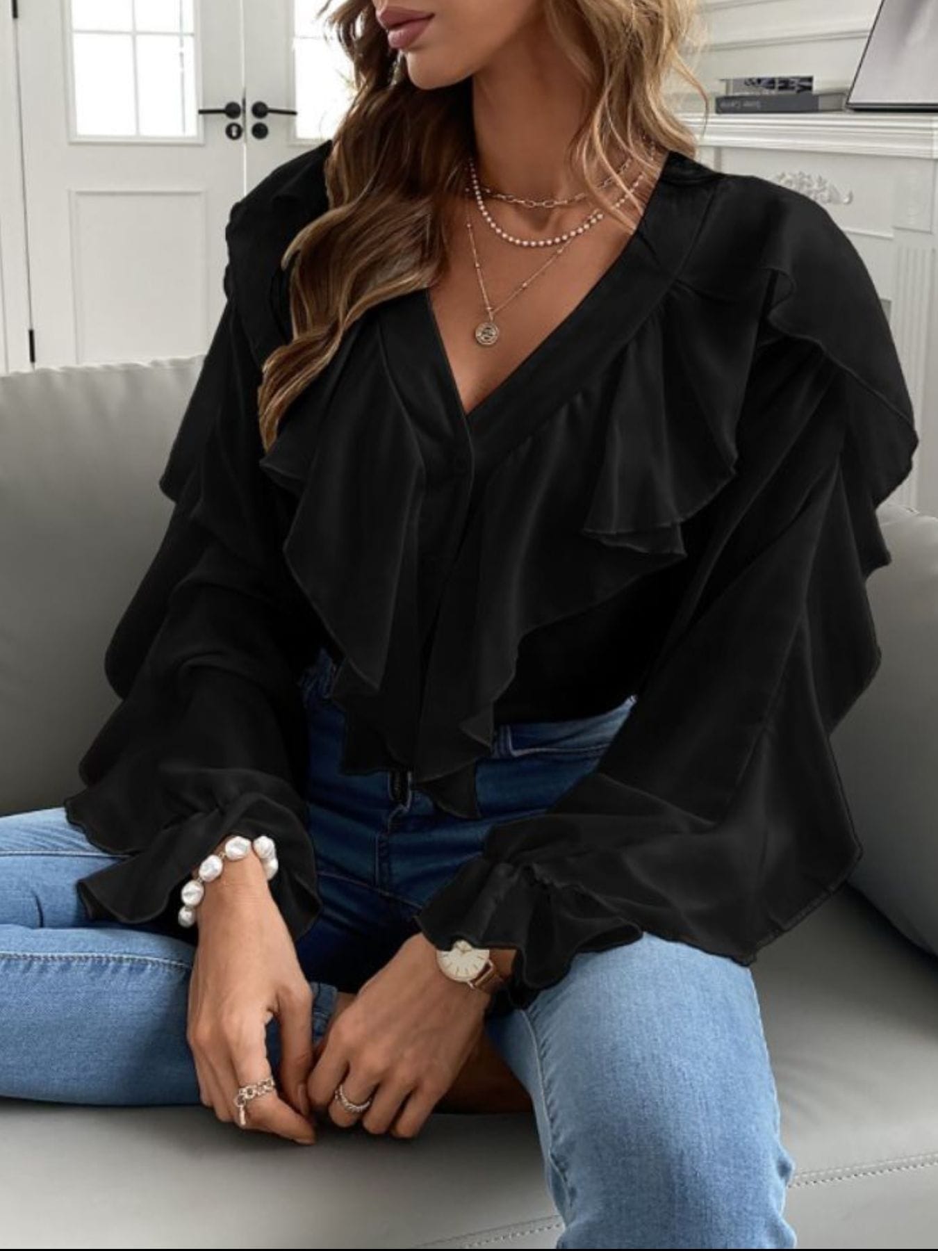 Trendsi Full Size Ruffle Trim V-Neck Shirt Plus Size