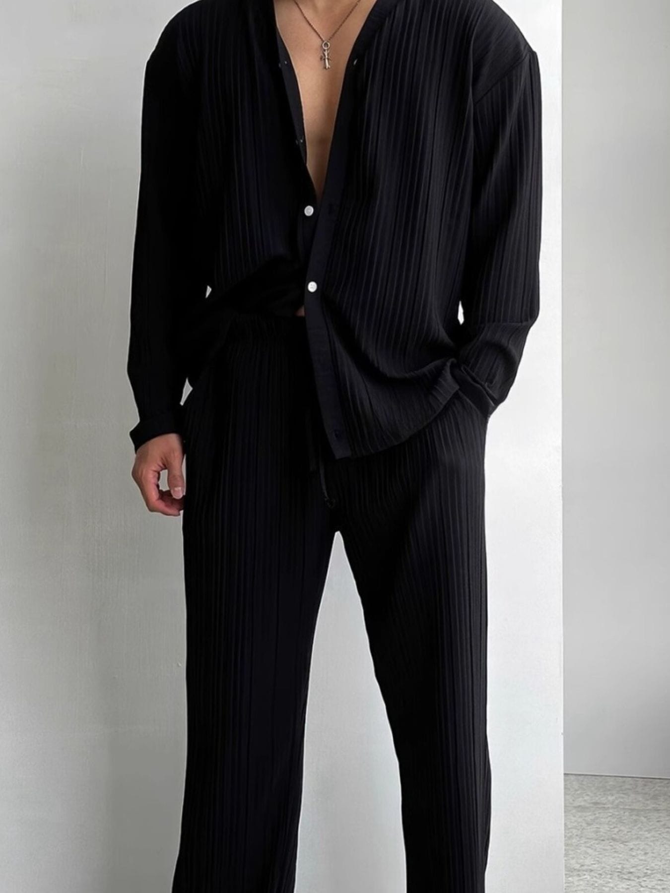 Trendsi Black / S Men's Full Size Textured Button Up Shirt and Pants Set Plus Size