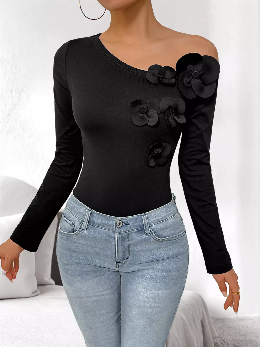Trendsi Flower One Shoulder Long Sleeve Bodysuit
