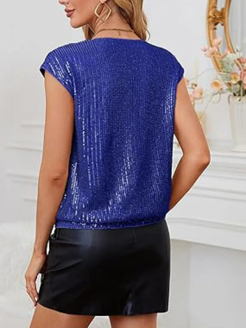 Trendsi Blouse V-Neck Sequin Cap Sleeve Top