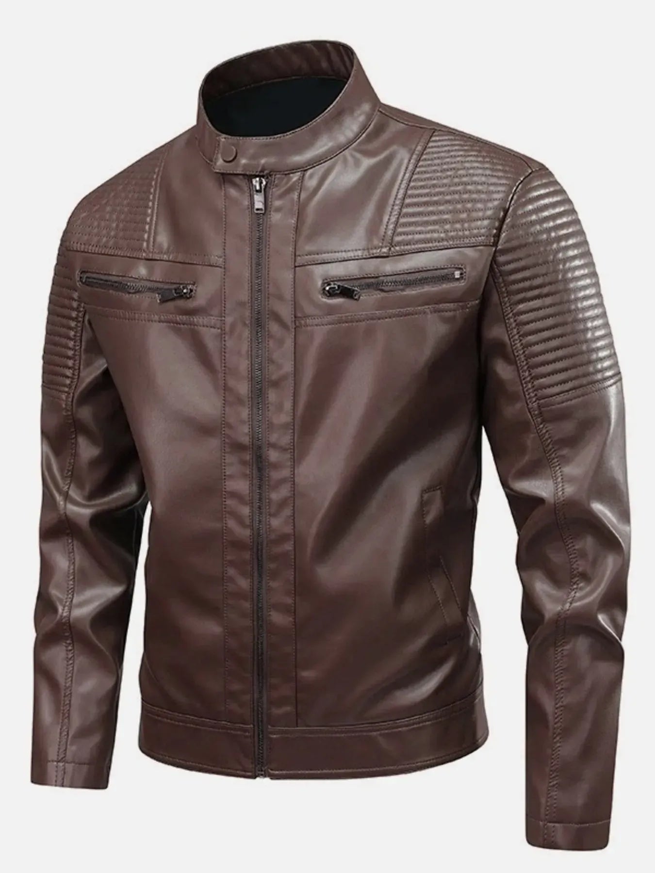 Trendsi Brown / S Men's Full Size Zip Up Leather Motorcycle Jacket Plus Size