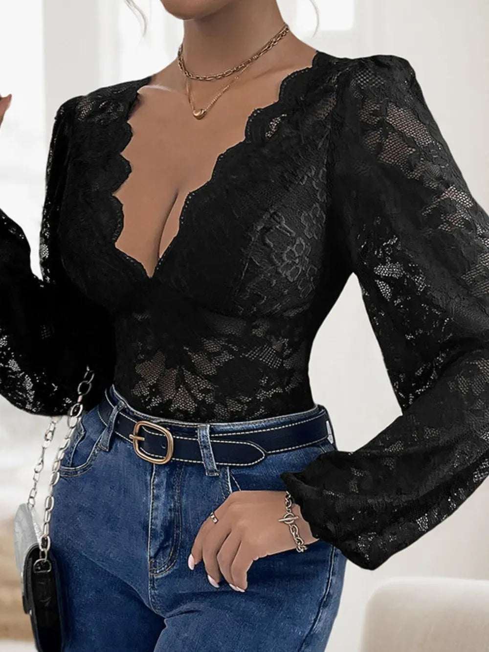 Trendsi Perfee Lace Plunge Long Sleeve Bodysuit