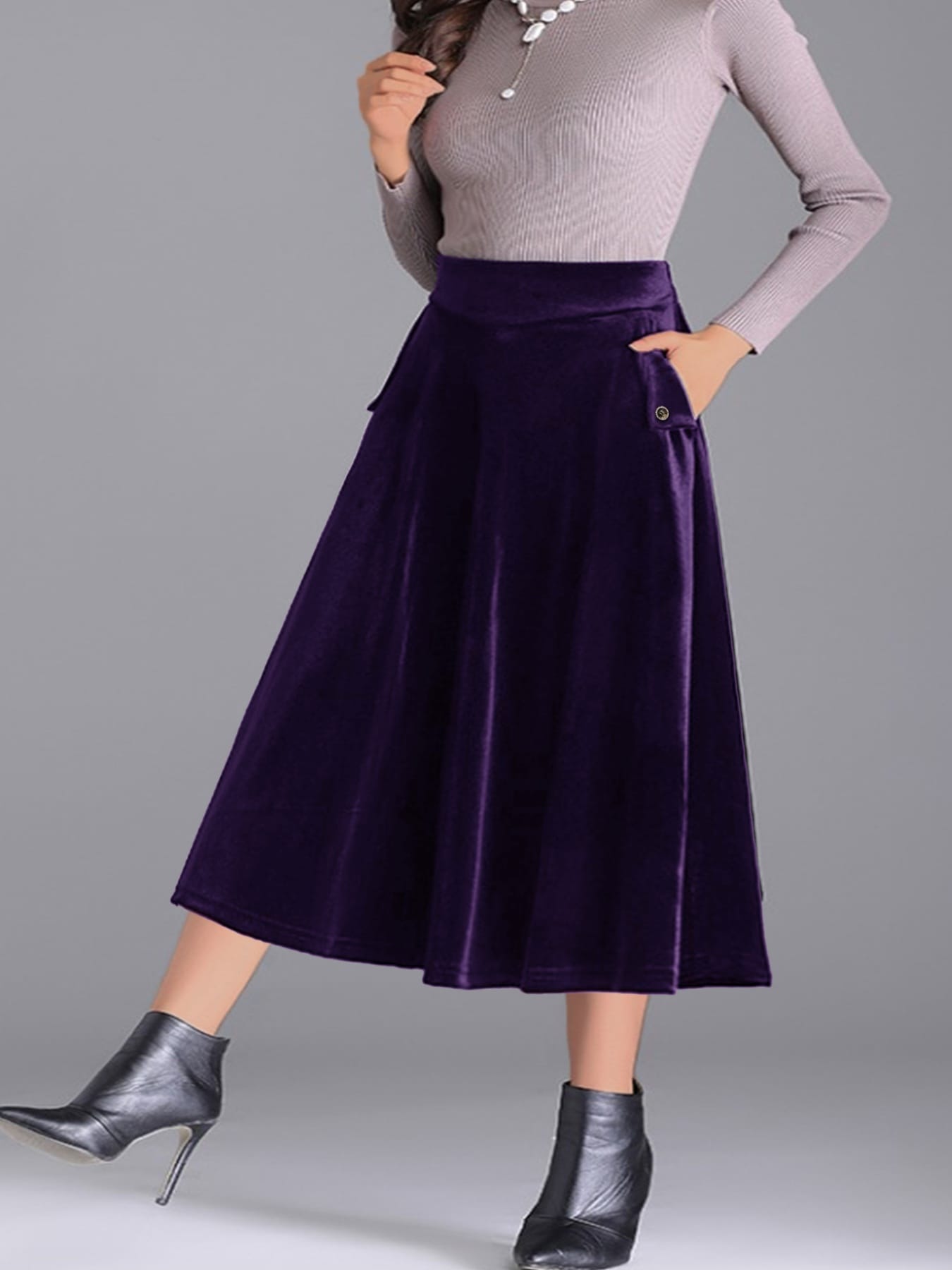 Trendsi Skirt Plus Size Elegant Velvet A-Line Midi Skirt