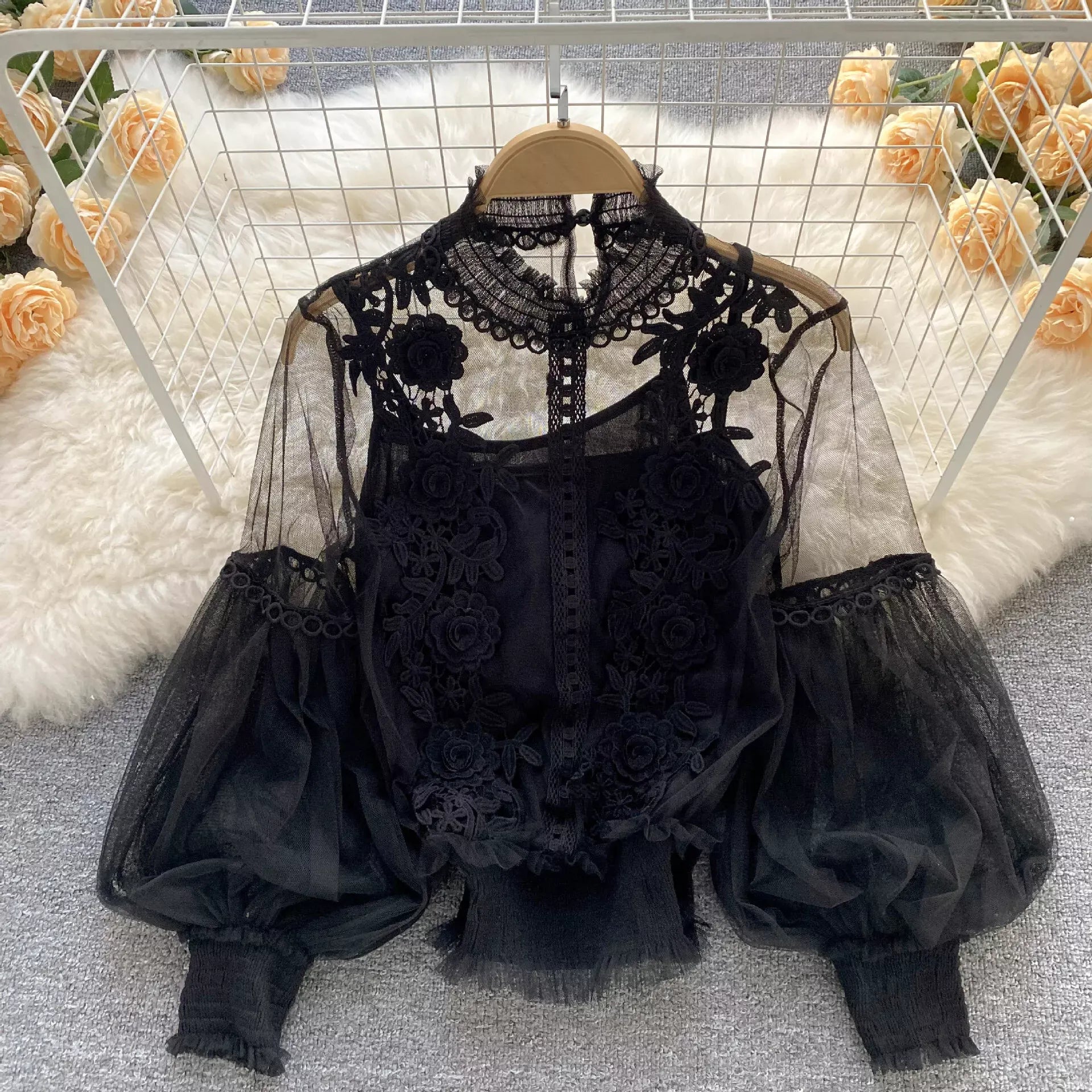 Trendsi Black / One Size Floral Lace Blouse & Cami Set