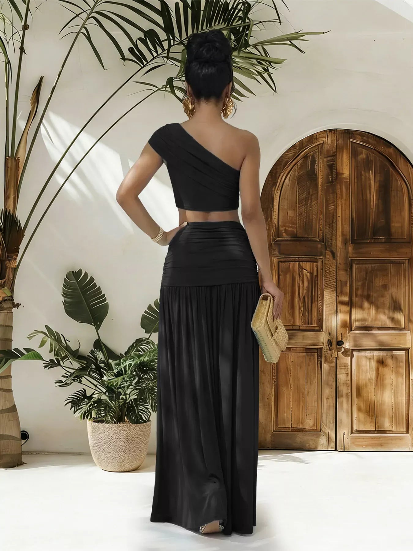 Trendsi One-Shoulder Top and Ruched Maxi Skirt Set