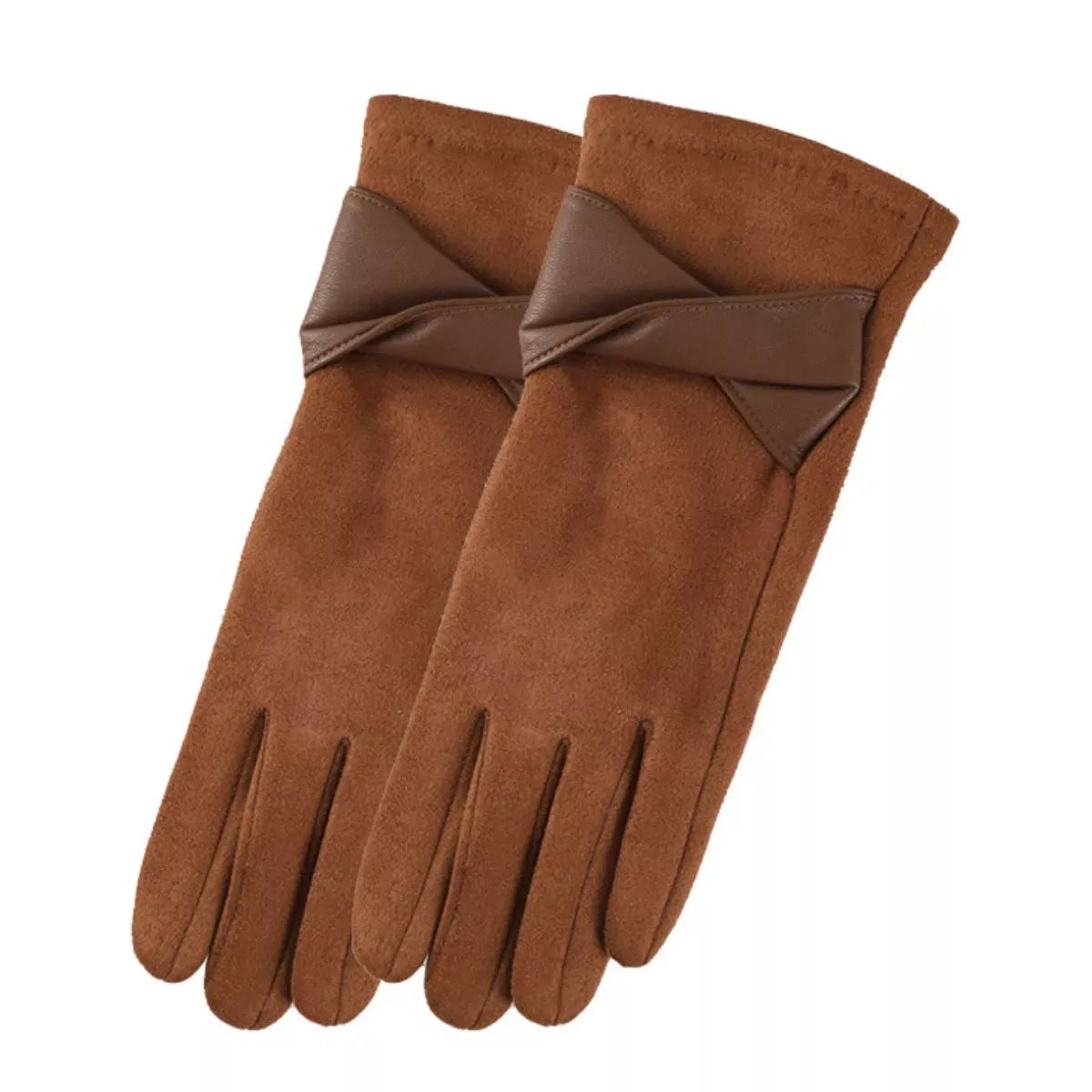 Trendsi Red Brown / One Size Warm Leather Trimmed Suede Gloves