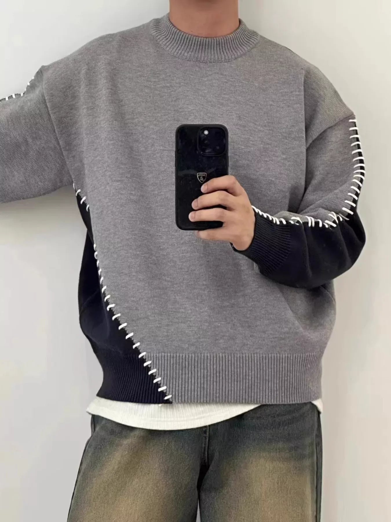 Trendsi Gray / M Men's Plus Size Two-Tone Mock Neck Sweater