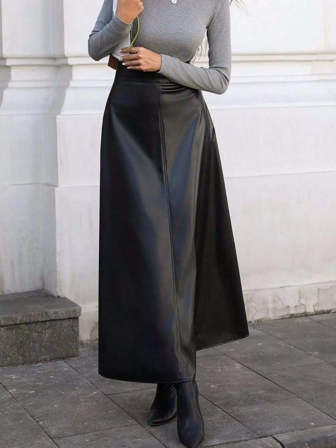 Trendsi Black / S Leather A-Line Midi Skirt