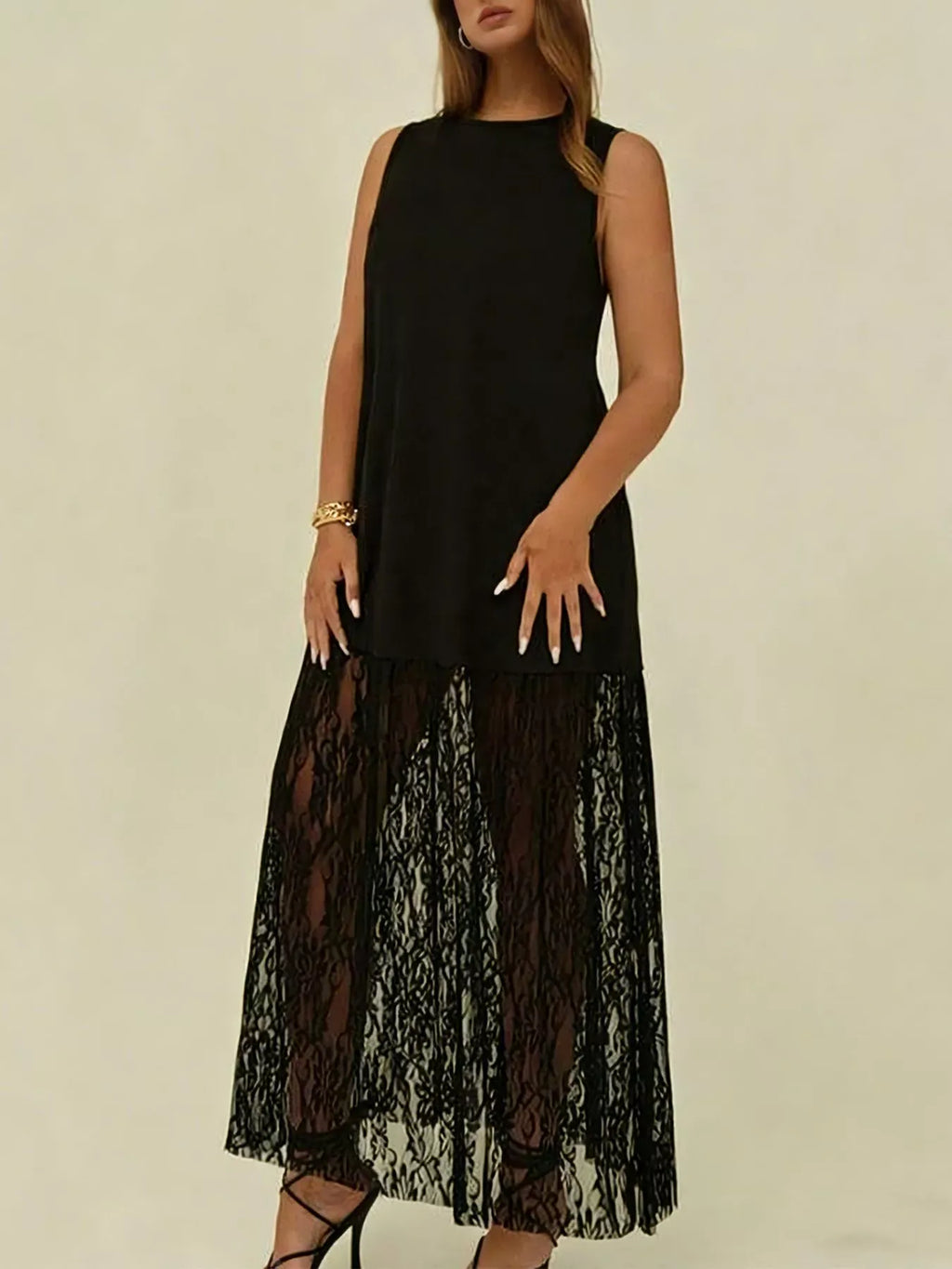 Trendsi Black / 0XL Plus Size Sleeveless Lace Trim Maxi Dress