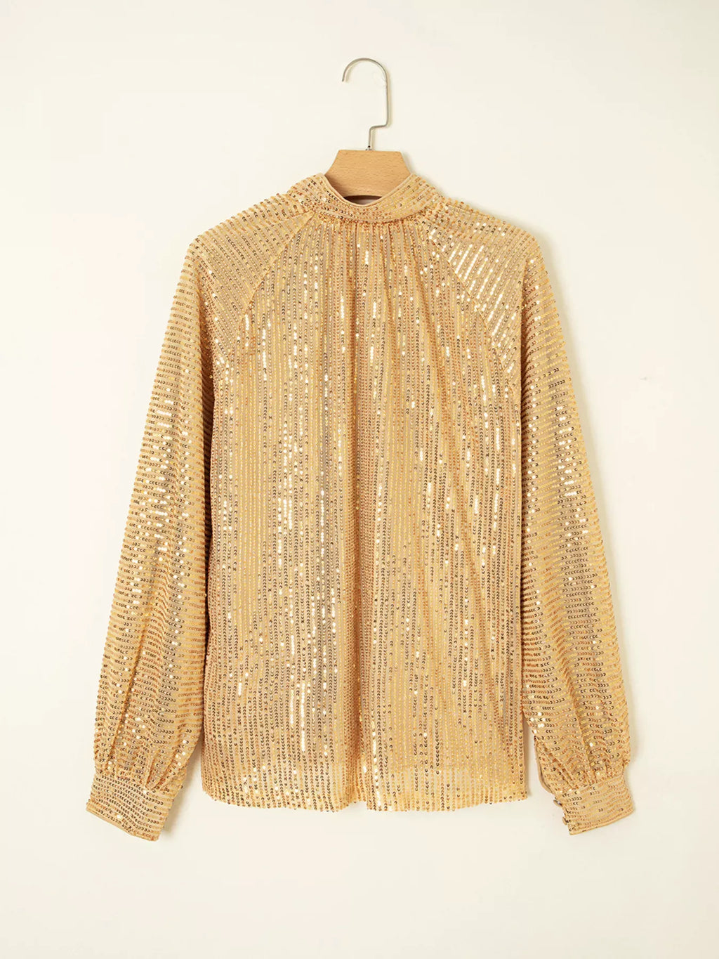Trendsi Metallic Balloon Sleeve Buttoned High Neck Loose Blouse