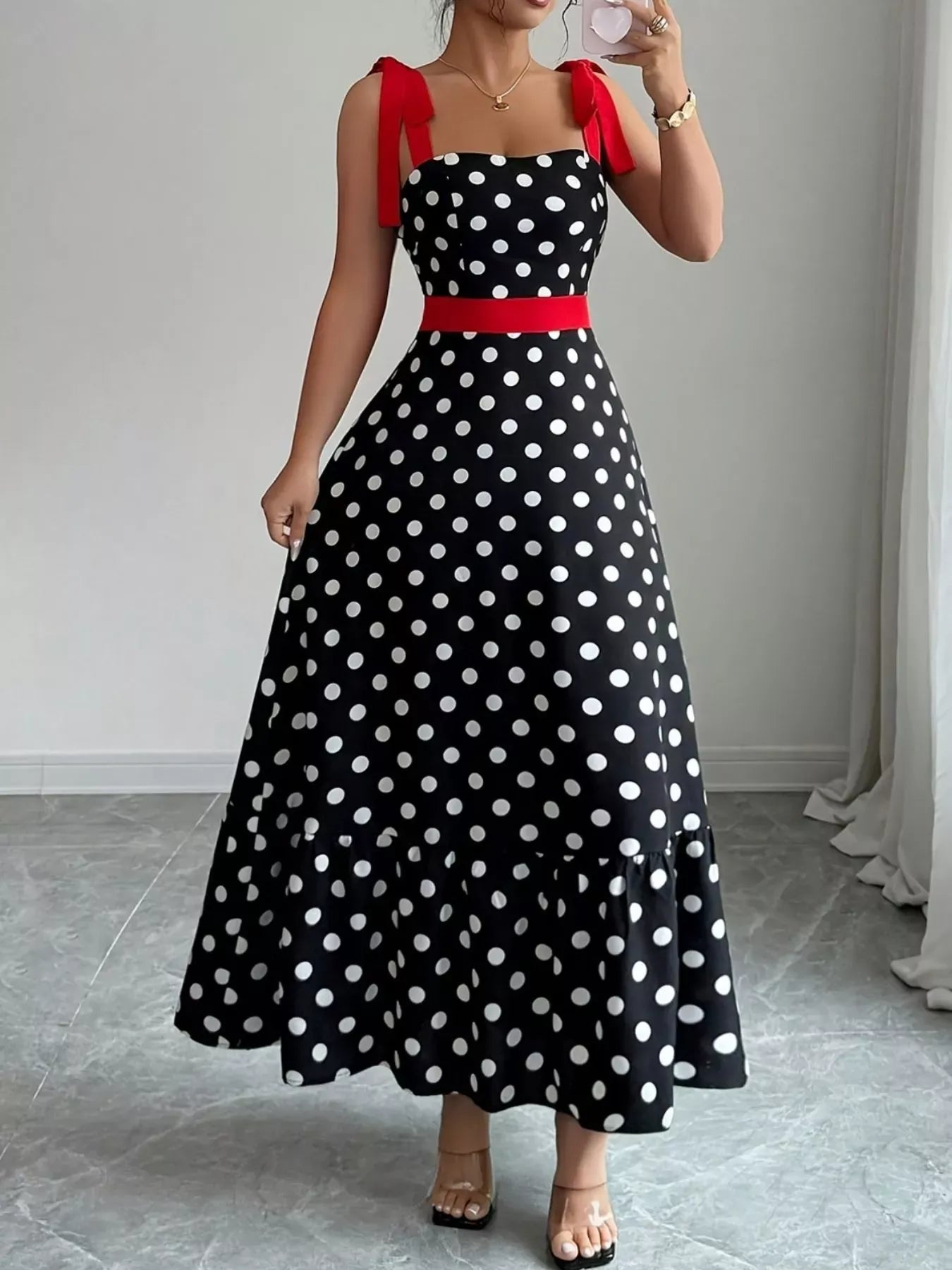 Trendsi Polka Dot Tie Strap Maxi Dress