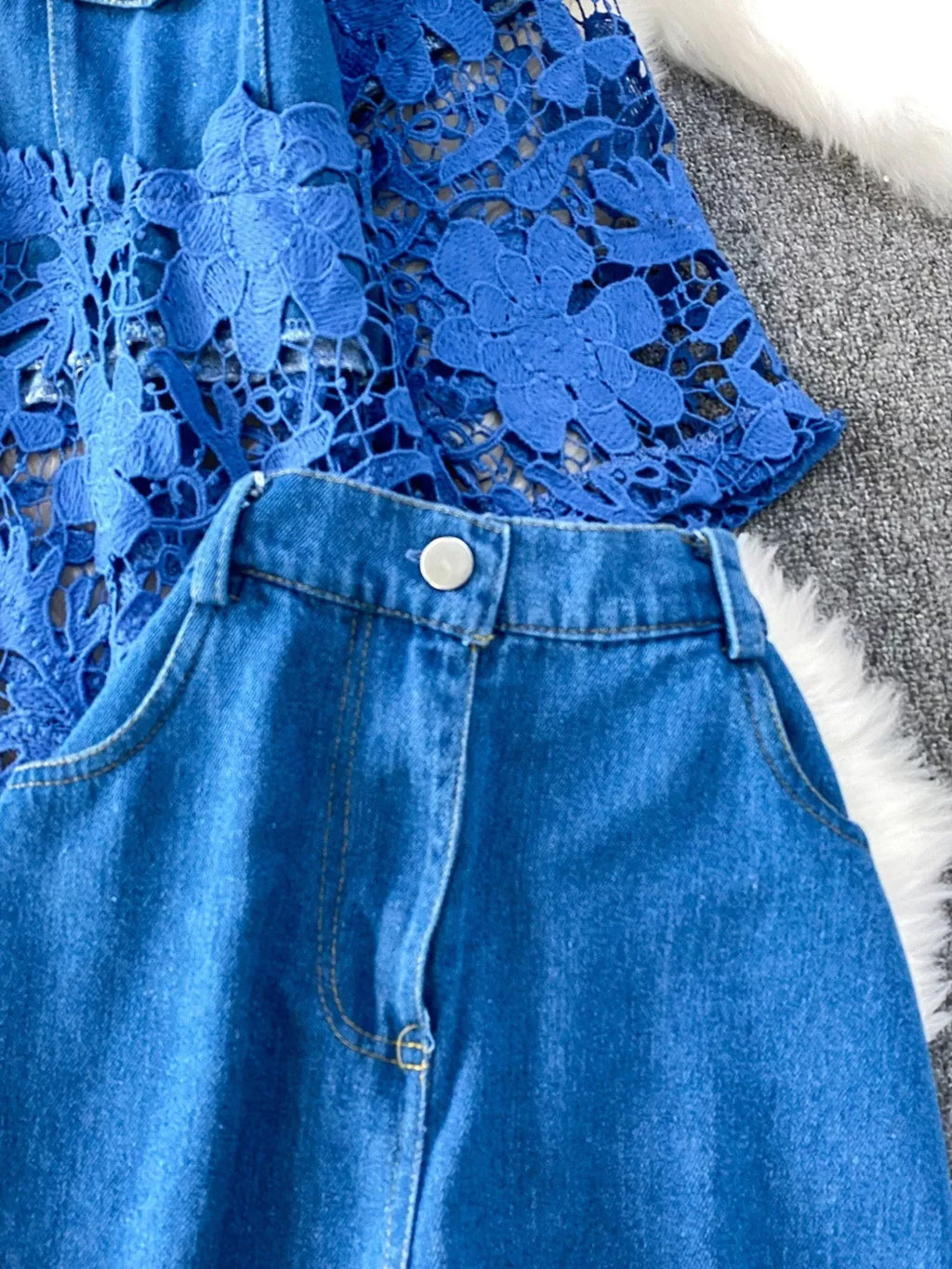 Trendsi Lace Patchwork Shacket and Pants Set