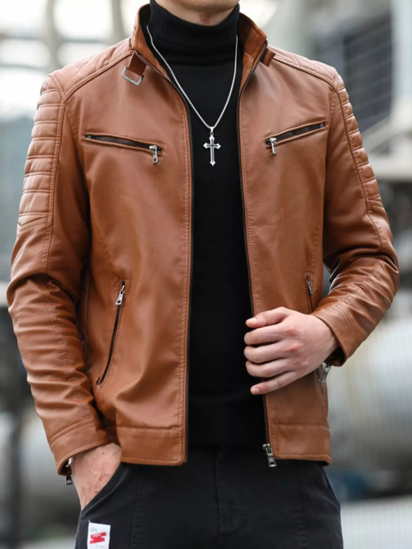 Trendsi Caramel / L Men's Plus Size Slim Fit Faux Leather Motorcycle Jacket