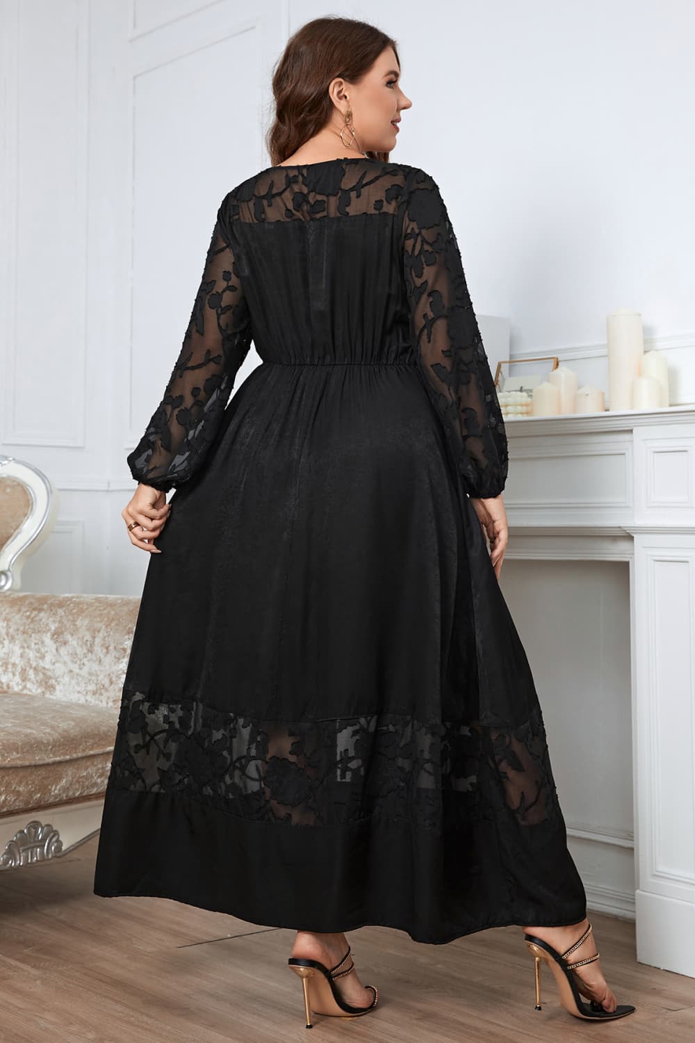 Trendsi dress Honey Melo Apparel Plus Size Embroidery Round Neck Long Sleeve Maxi Dress