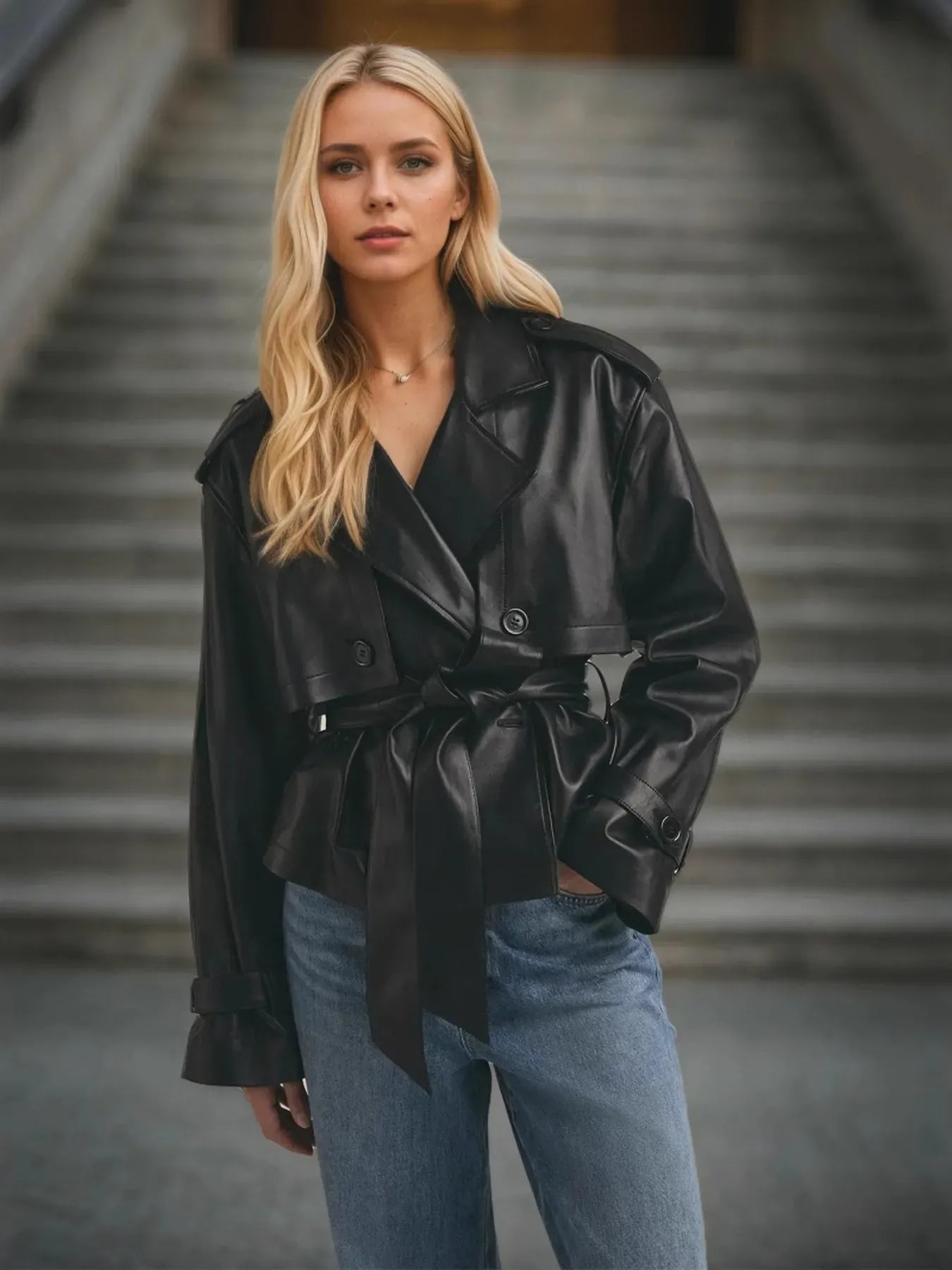 Trendsi Leather Belted Trench Jacket