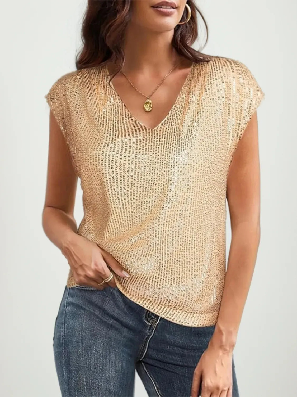 Trendsi Blouse Gold / S V-Neck Sequin Cap Sleeve Top