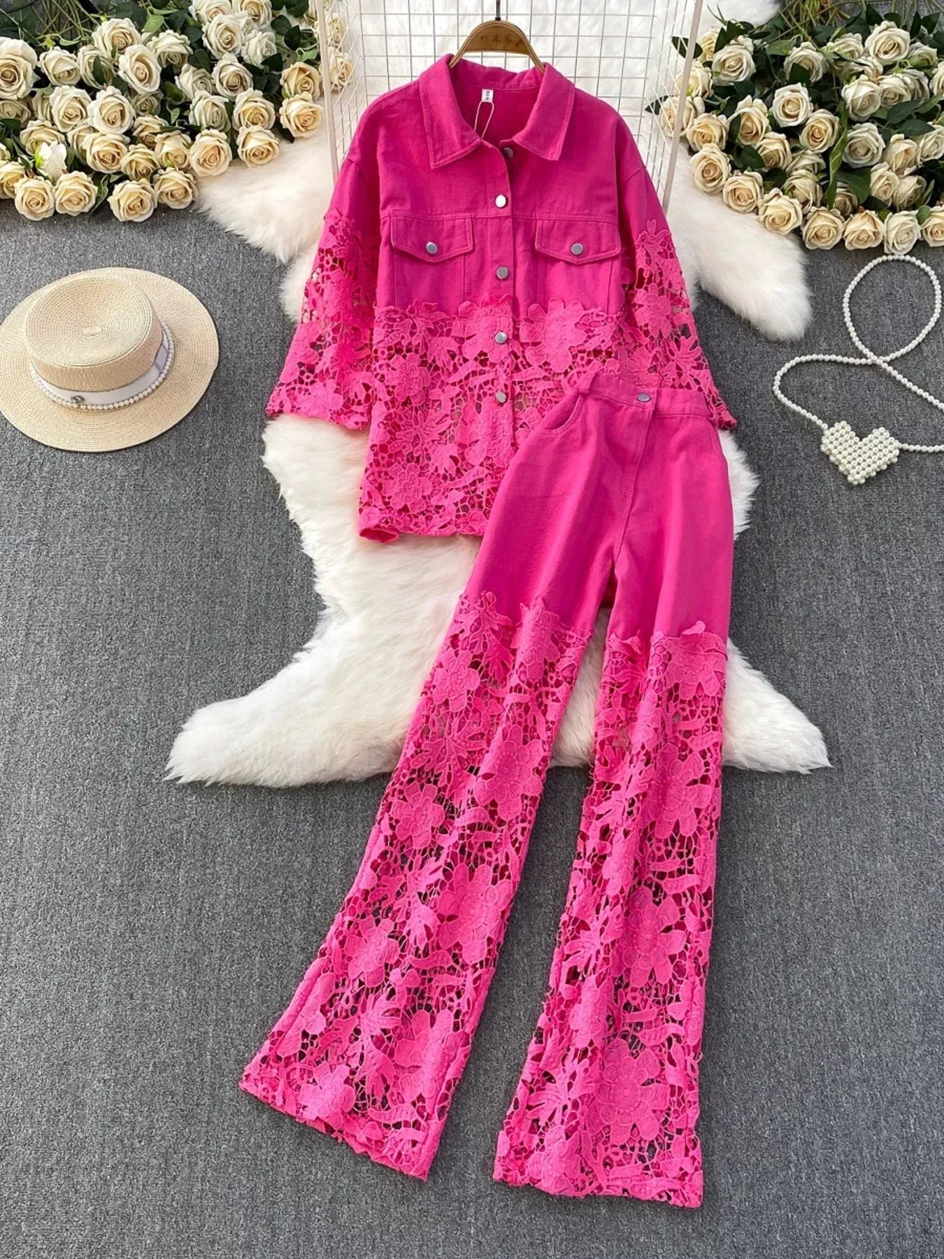 Trendsi Rose Red Two-piece Set / One Size Lace Patchwork Shacket and Pants Set