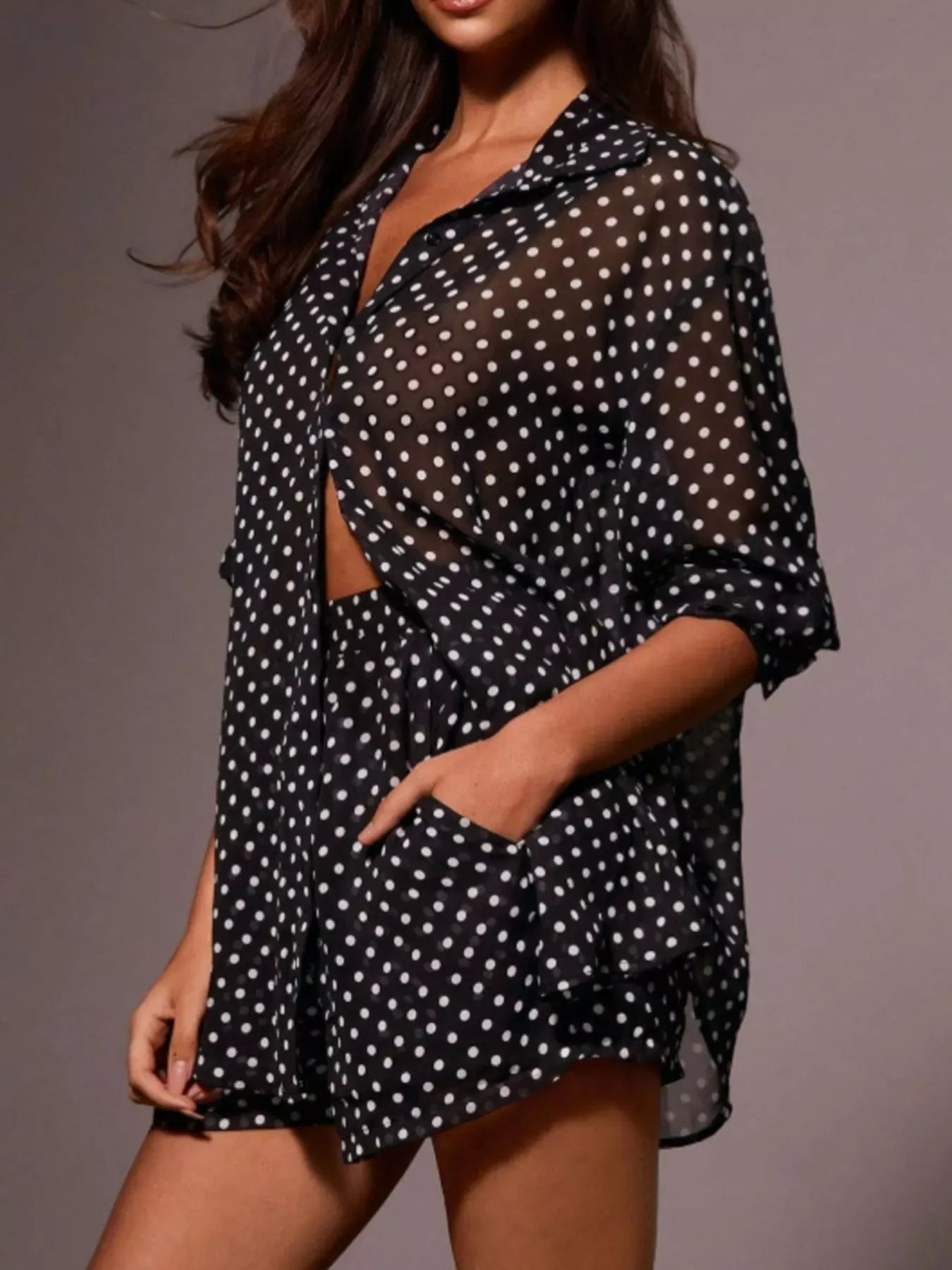 Trendsi Polka Dot Button Up Shirt and Shorts Set