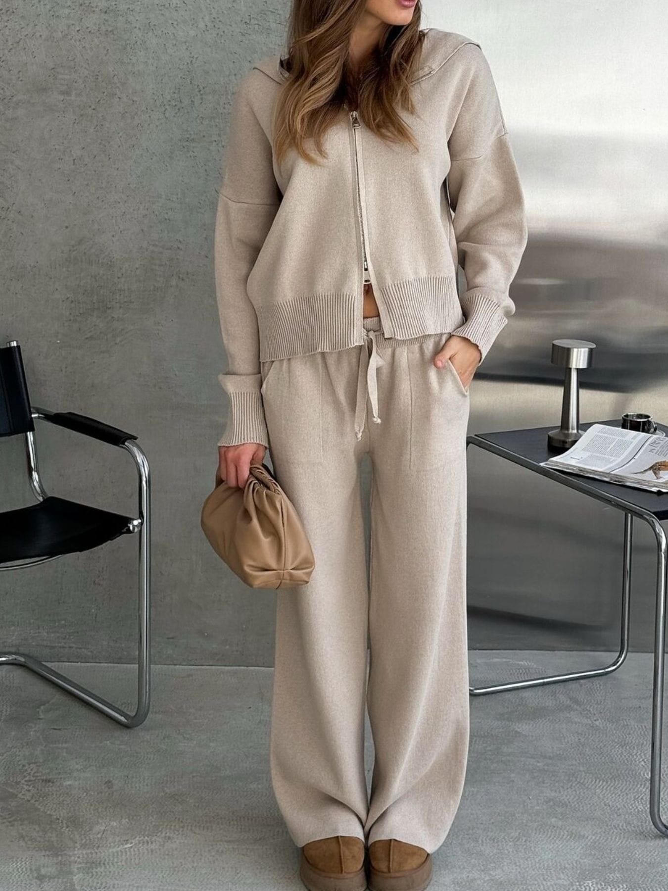 Trendsi Khaki / One Size Zip Up Cardigan and Drawstring Wide Leg Pants Knit Set