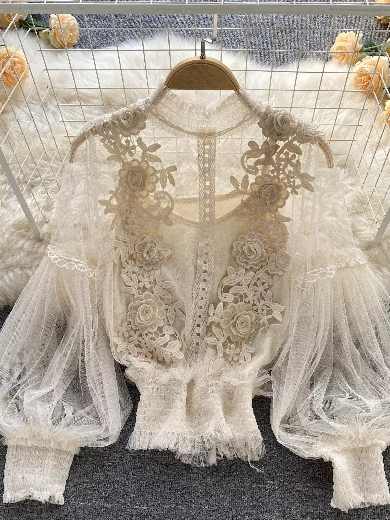 Trendsi Creamy-white / One Size Floral Lace Blouse & Cami Set