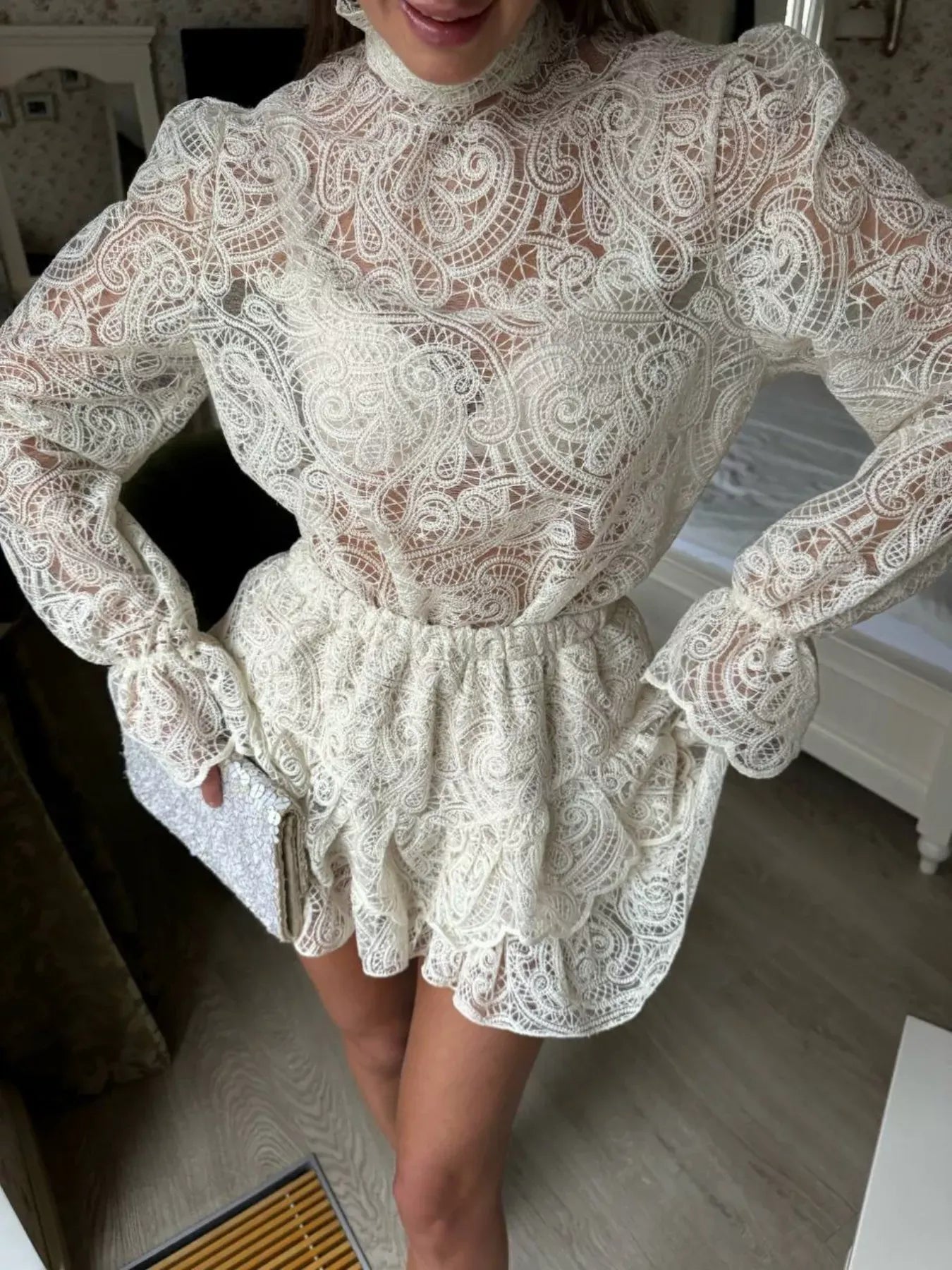 Trendsi top Lace Long Sleeve Top and Skirt Set