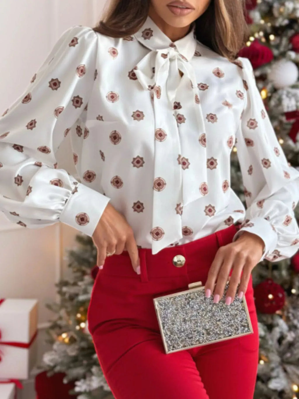 Trendsi Blouse Tie Front Printed Long Sleeve Shirt