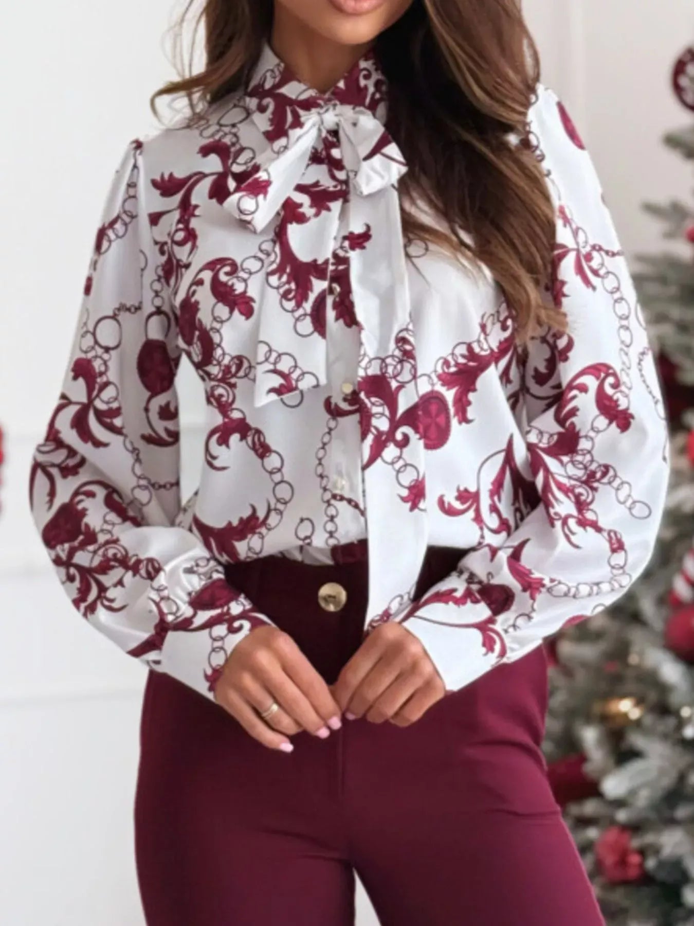 Trendsi Blouse White Red Flower / S Tie Front Printed Long Sleeve Shirt
