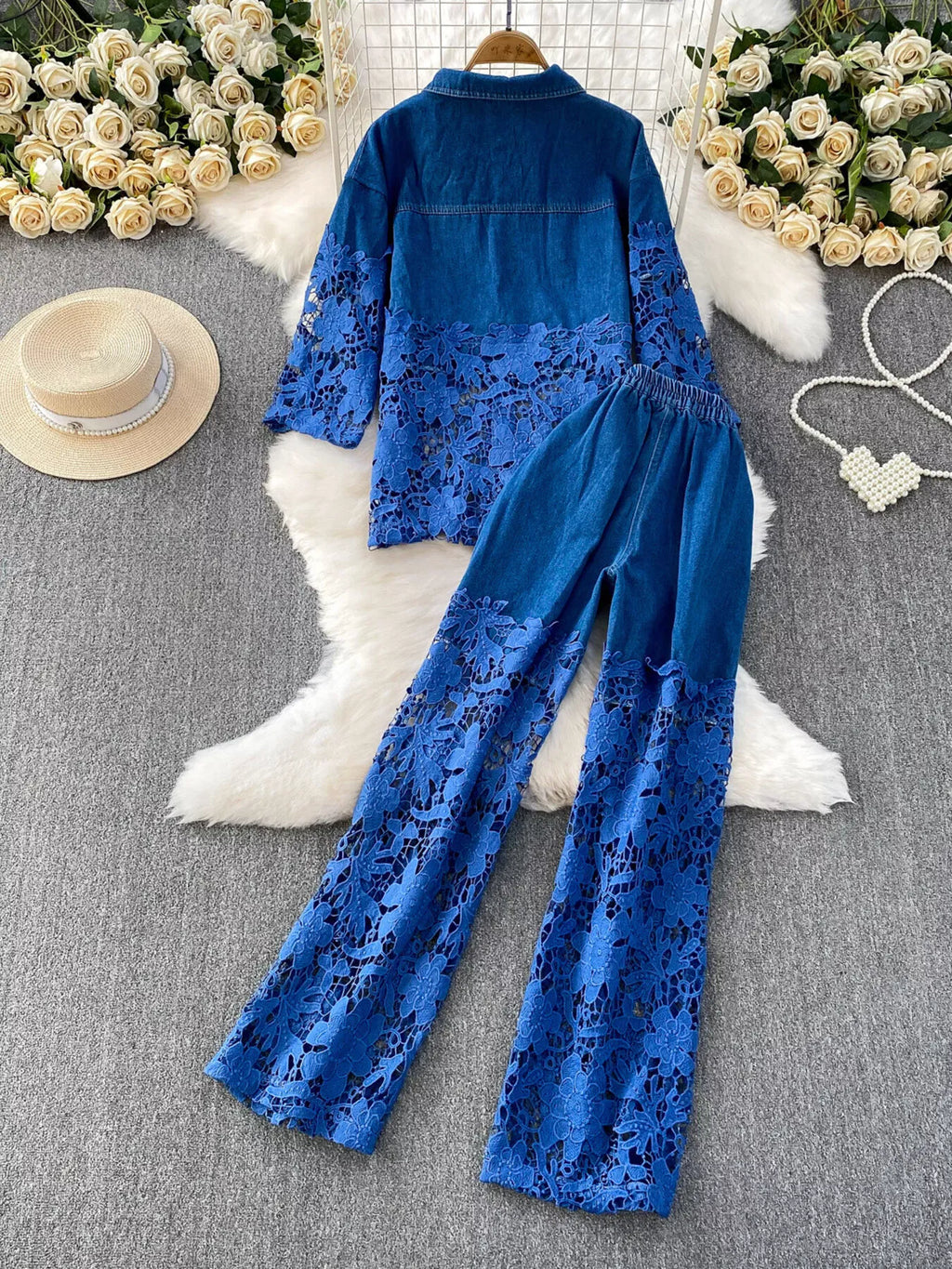 Trendsi Lace Patchwork Shacket and Pants Set