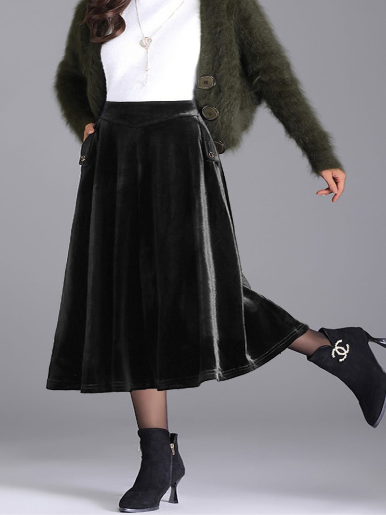 Trendsi Skirt Plus Size Elegant Velvet A-Line Midi Skirt