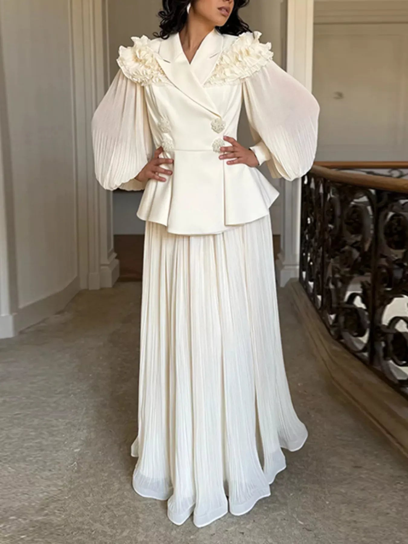 Trendsi Apricot / S Frill Lapel Collar Top and Pleated Skirt Set
