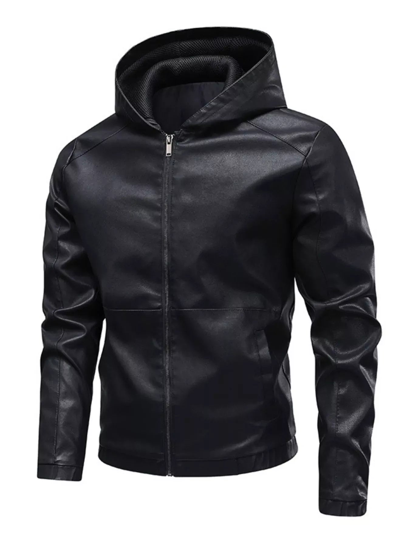 Trendsi Black / XS Men's Hooded Faux Leather Moto Jacket