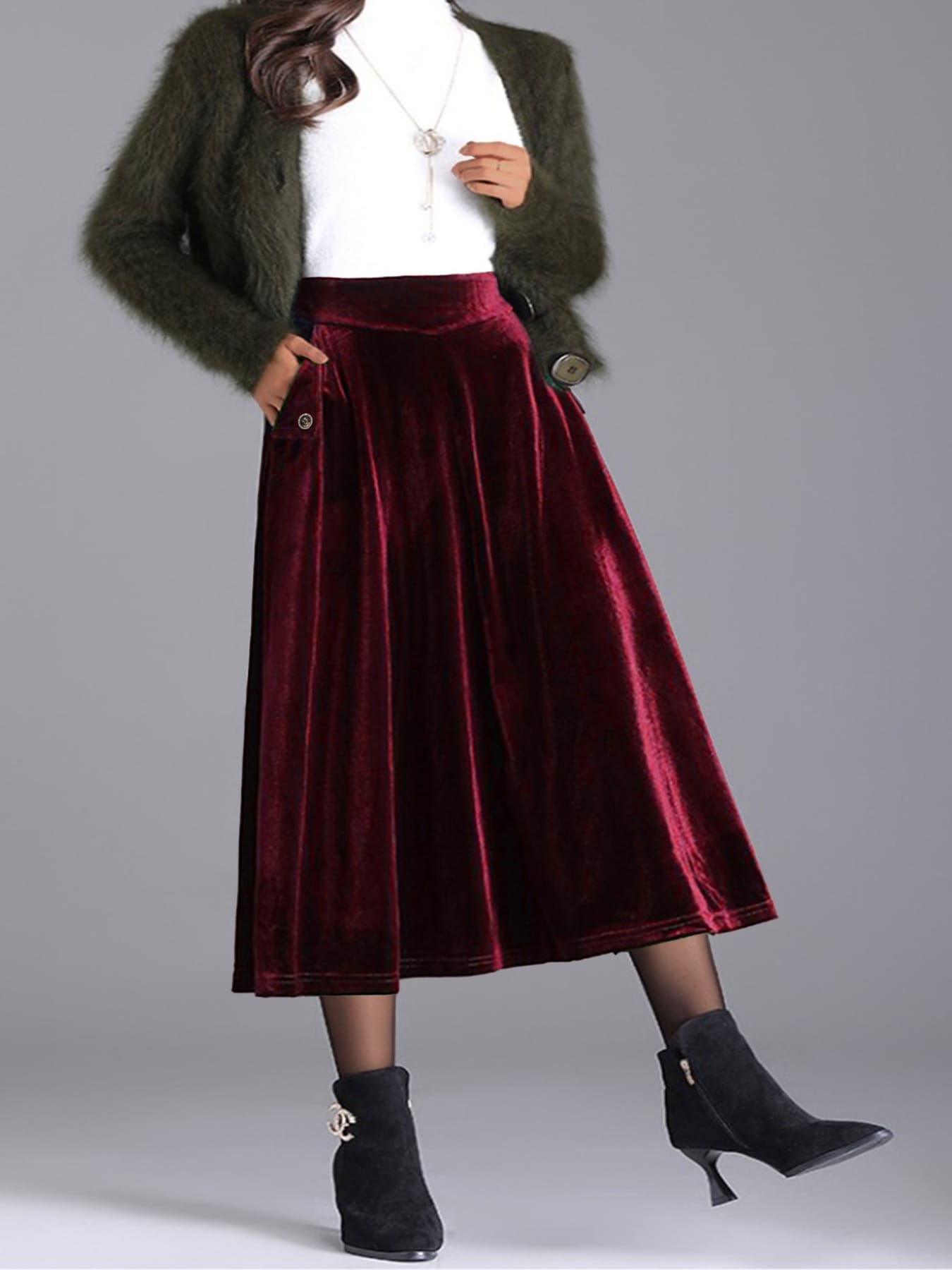 Trendsi Skirt Burgundy / 0XL Plus Size Elegant Velvet A-Line Midi Skirt