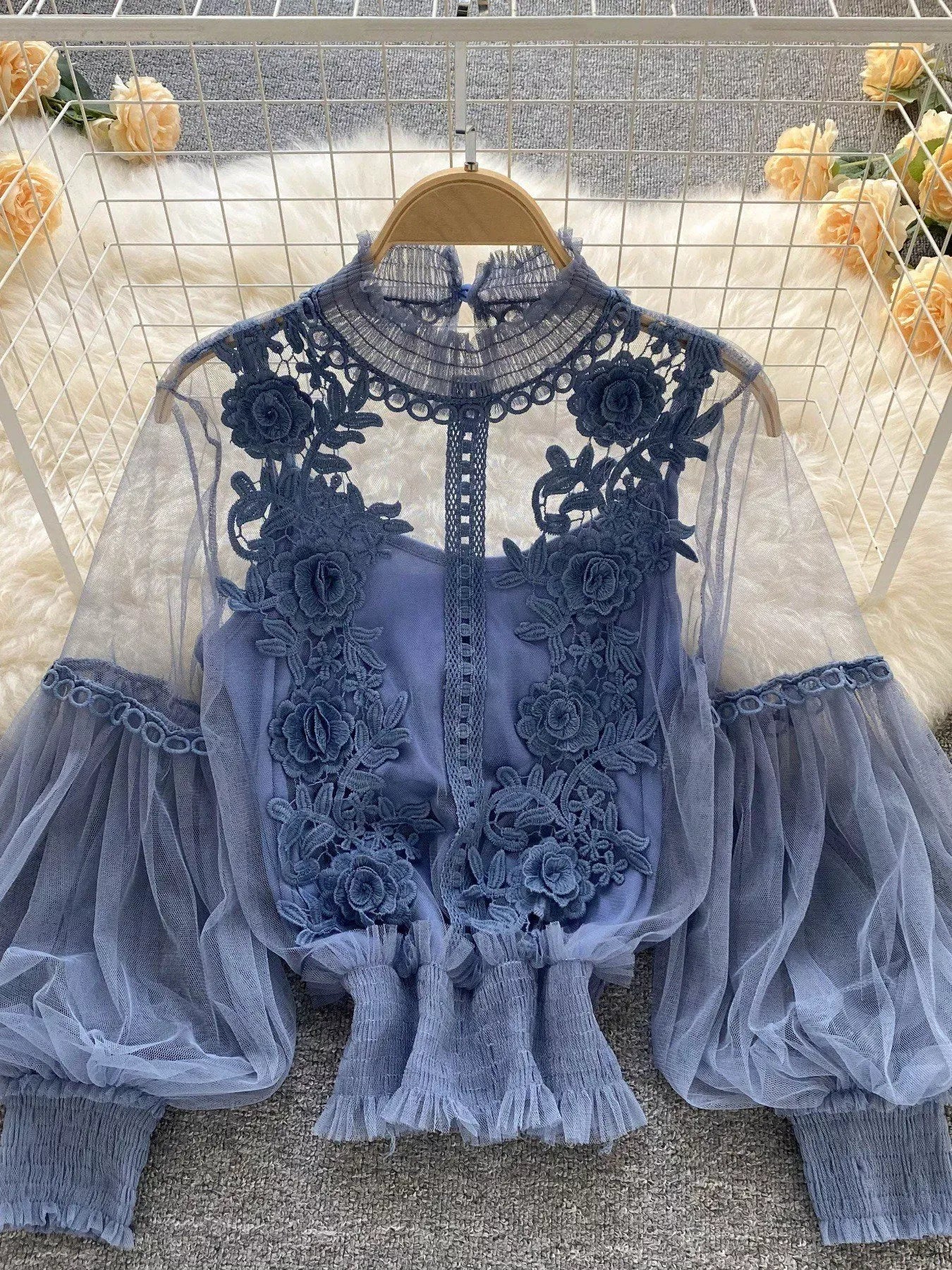 Trendsi Blue / One Size Floral Lace Blouse & Cami Set