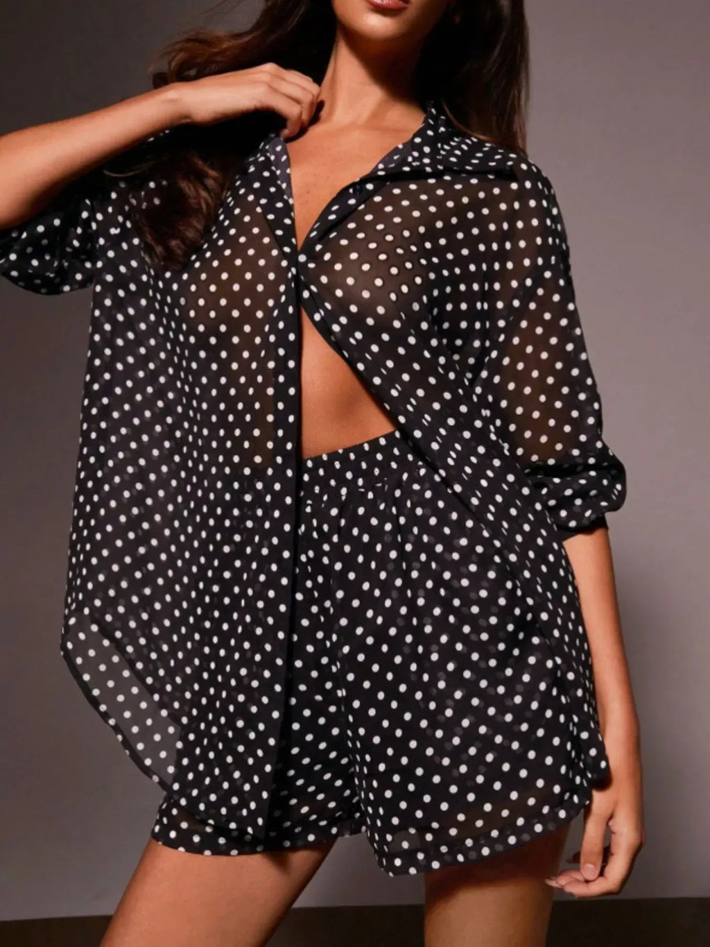 Trendsi Black / S Polka Dot Button Up Shirt and Shorts Set