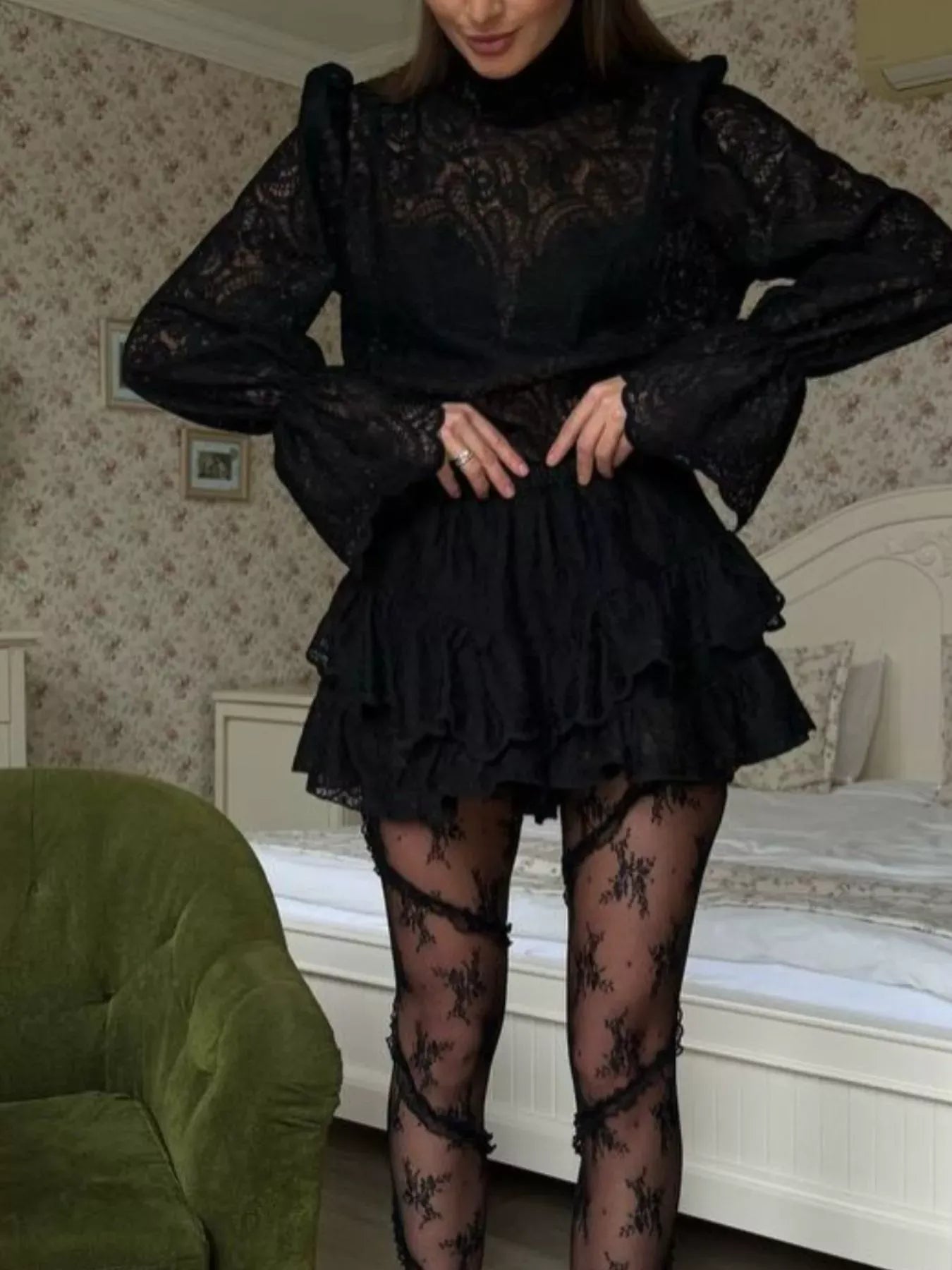 Trendsi top Lace Long Sleeve Top and Skirt Set