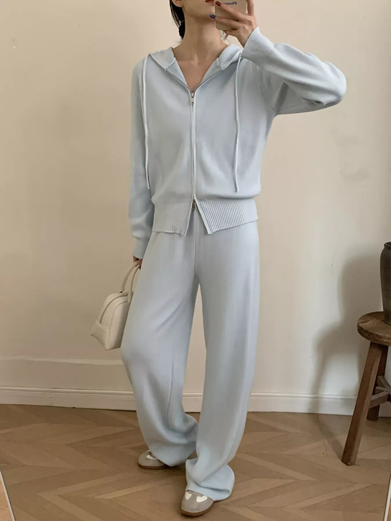 Trendsi Zip Up Cardigan and Drawstring Wide Leg Pants Knit Set
