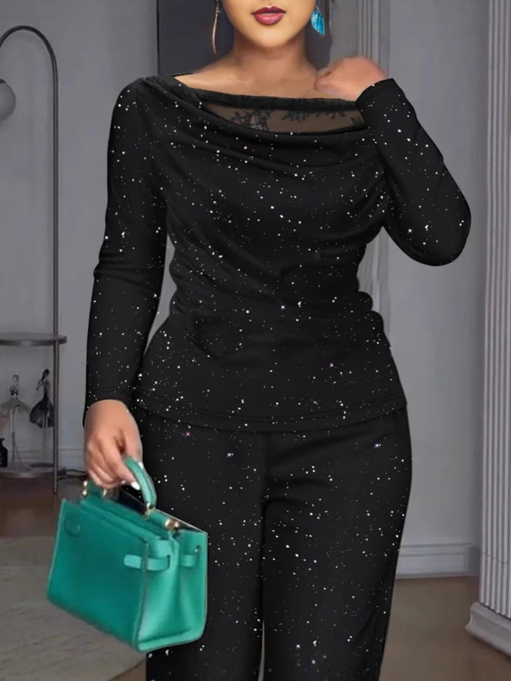 Trendsi Glitter Long Sleeve Top and Pants Set
