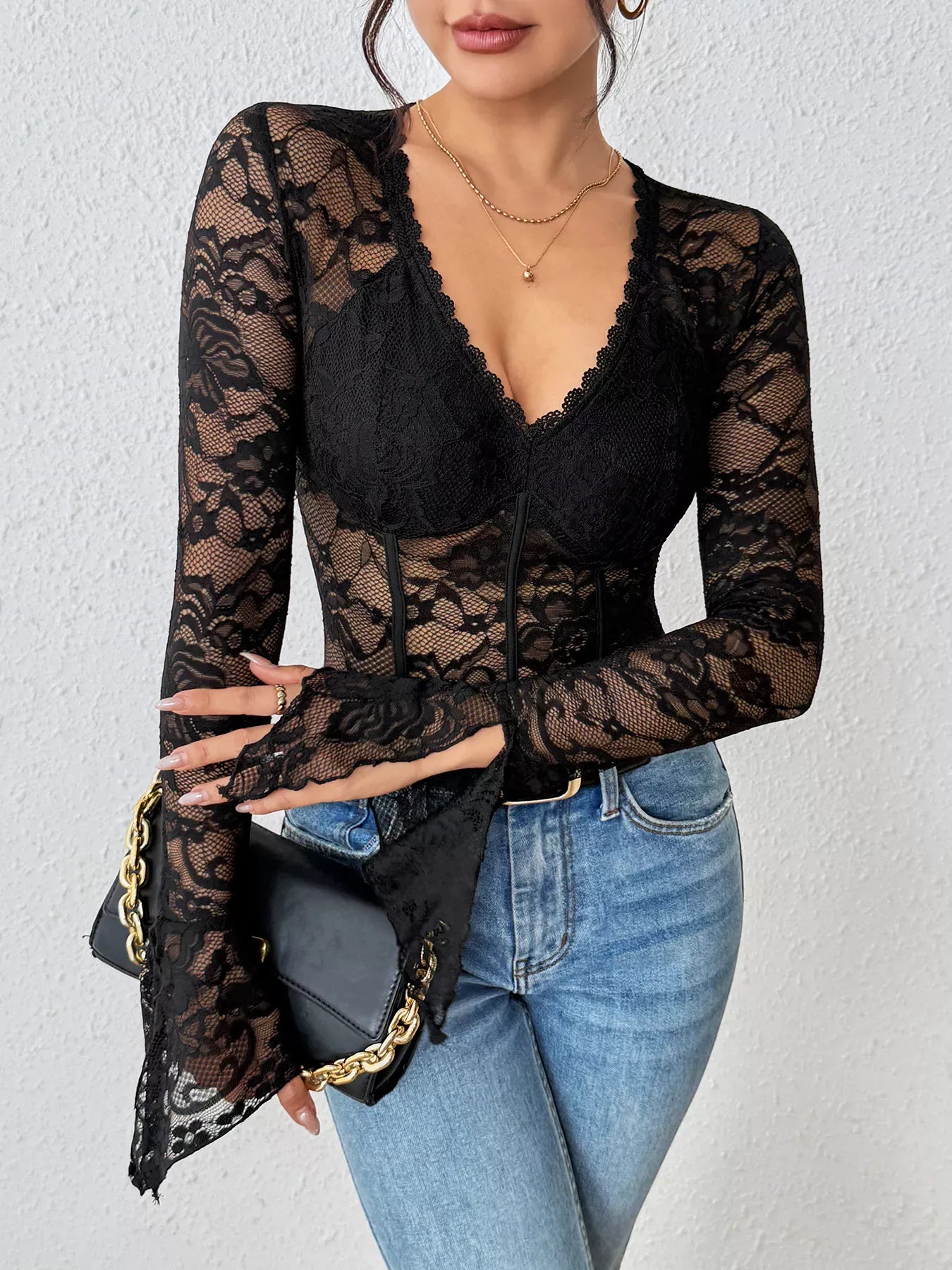 Trendsi body suit Lace Long Sleeve Bodysuit