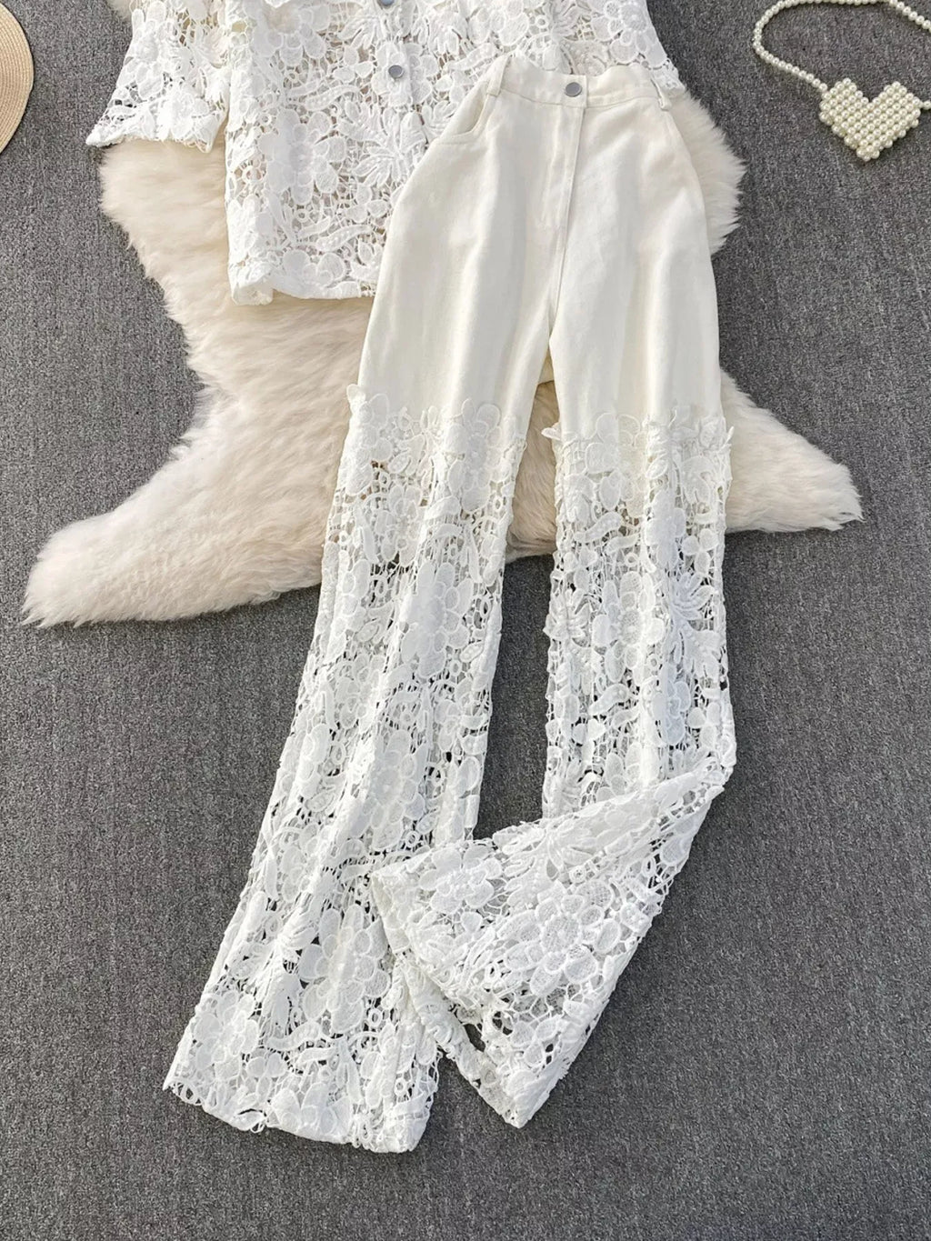 Trendsi Lace Patchwork Shacket and Pants Set