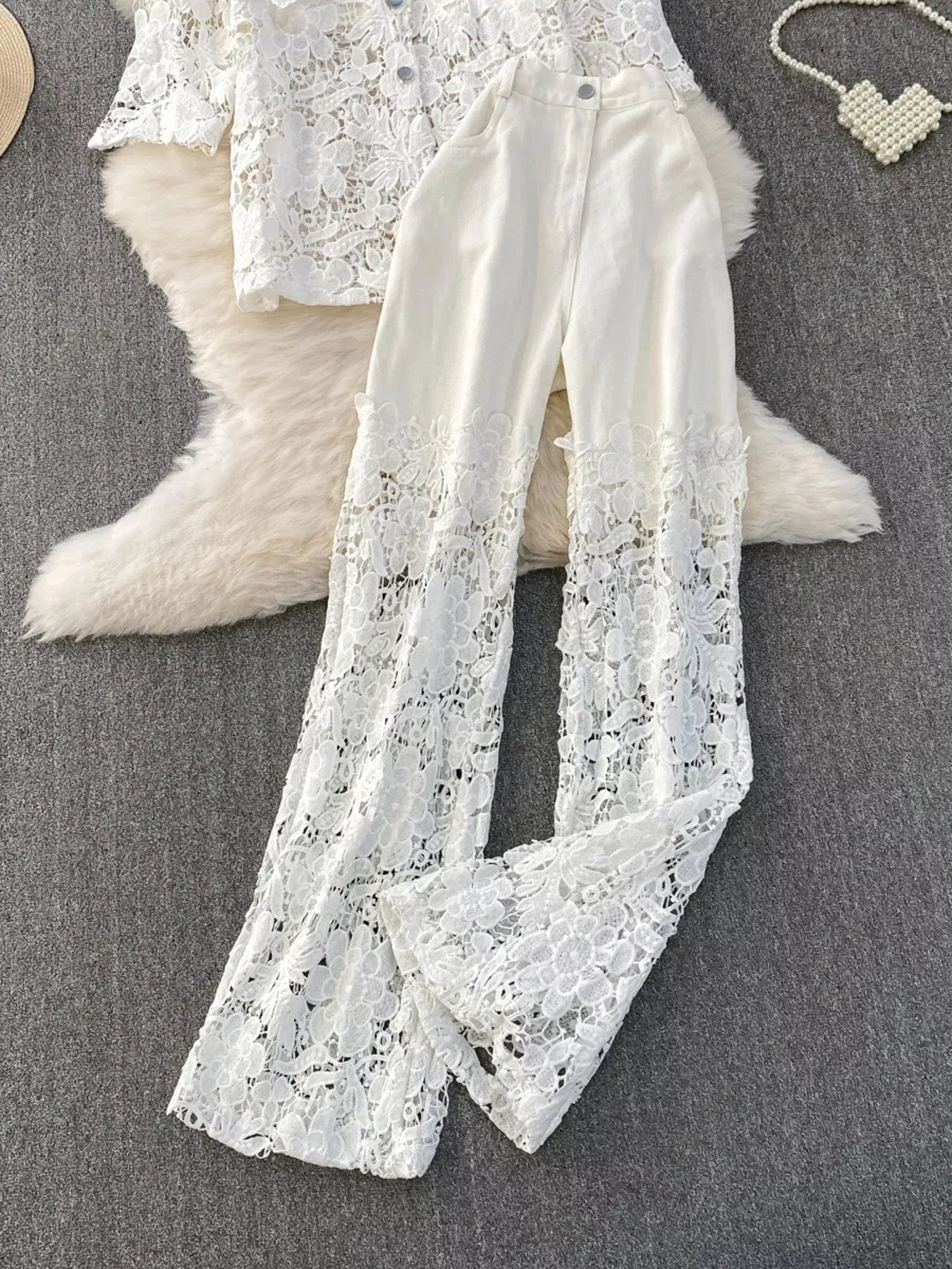 Trendsi Lace Patchwork Shacket and Pants Set