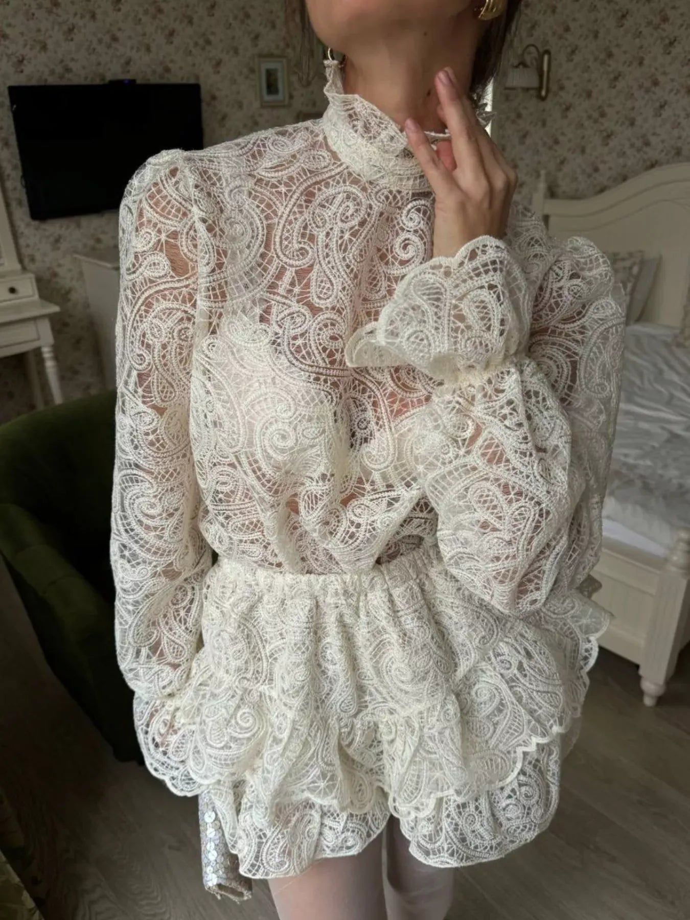 Trendsi top Beige / S Lace Long Sleeve Top and Skirt Set