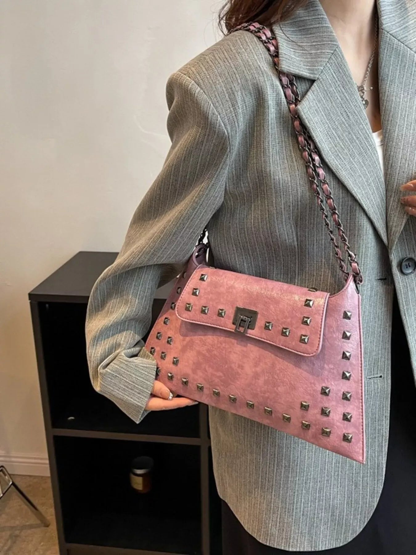 Trendsi Pink / One Size Studded Flap Chain Shoulder Bag
