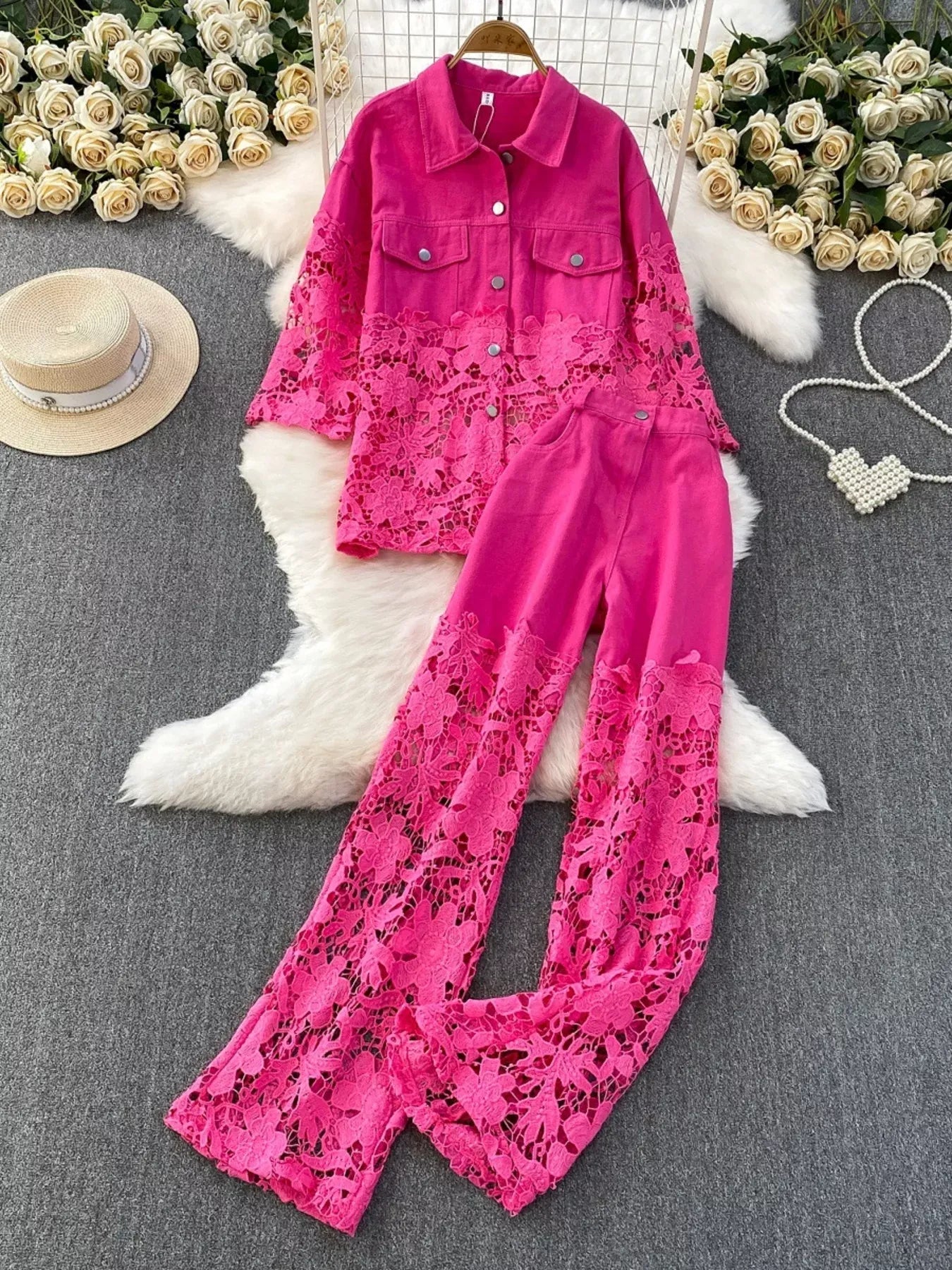 Trendsi Lace Patchwork Shacket and Pants Set