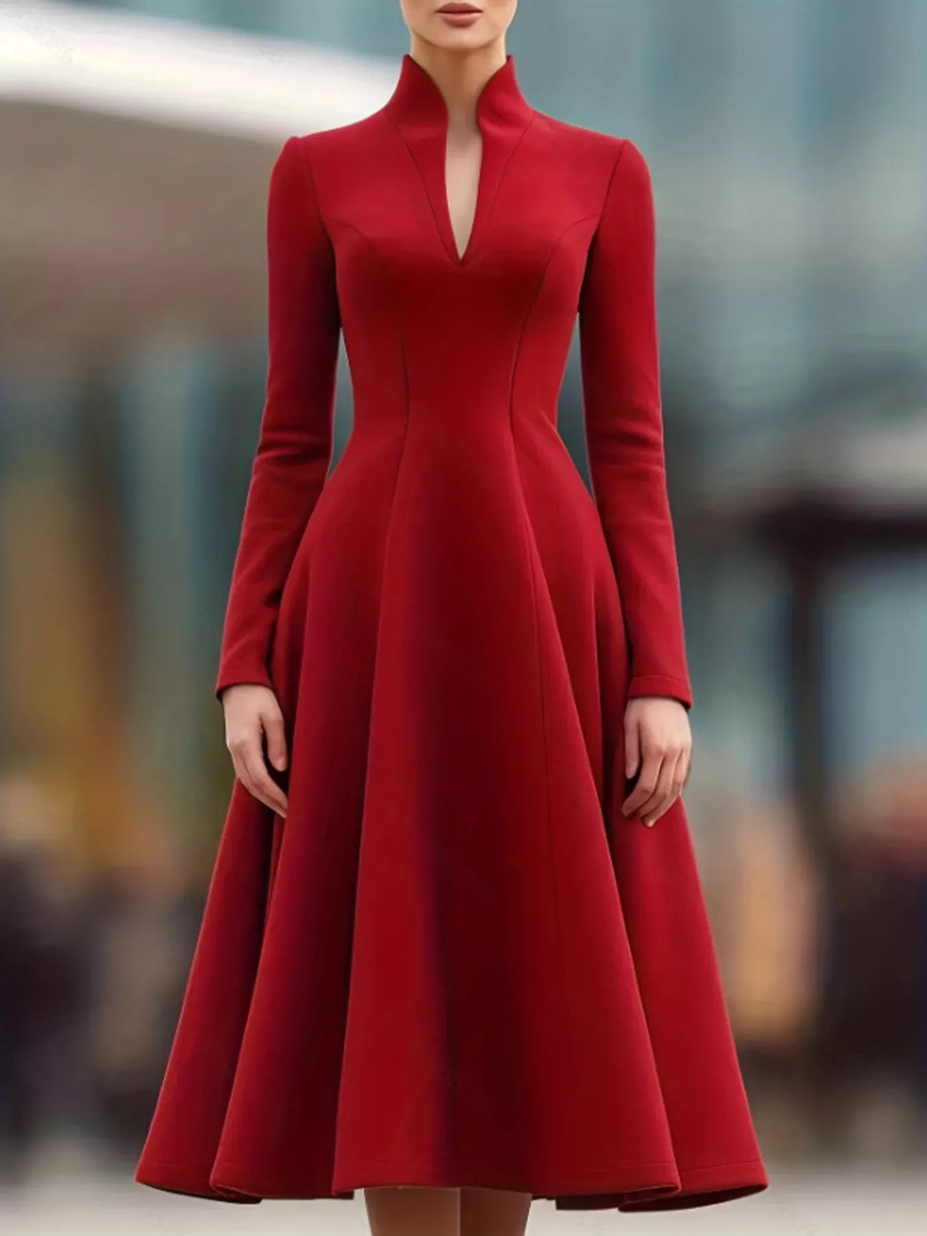 Trendsi Dress Red / S High Neck Long Sleeve A-Line Dress