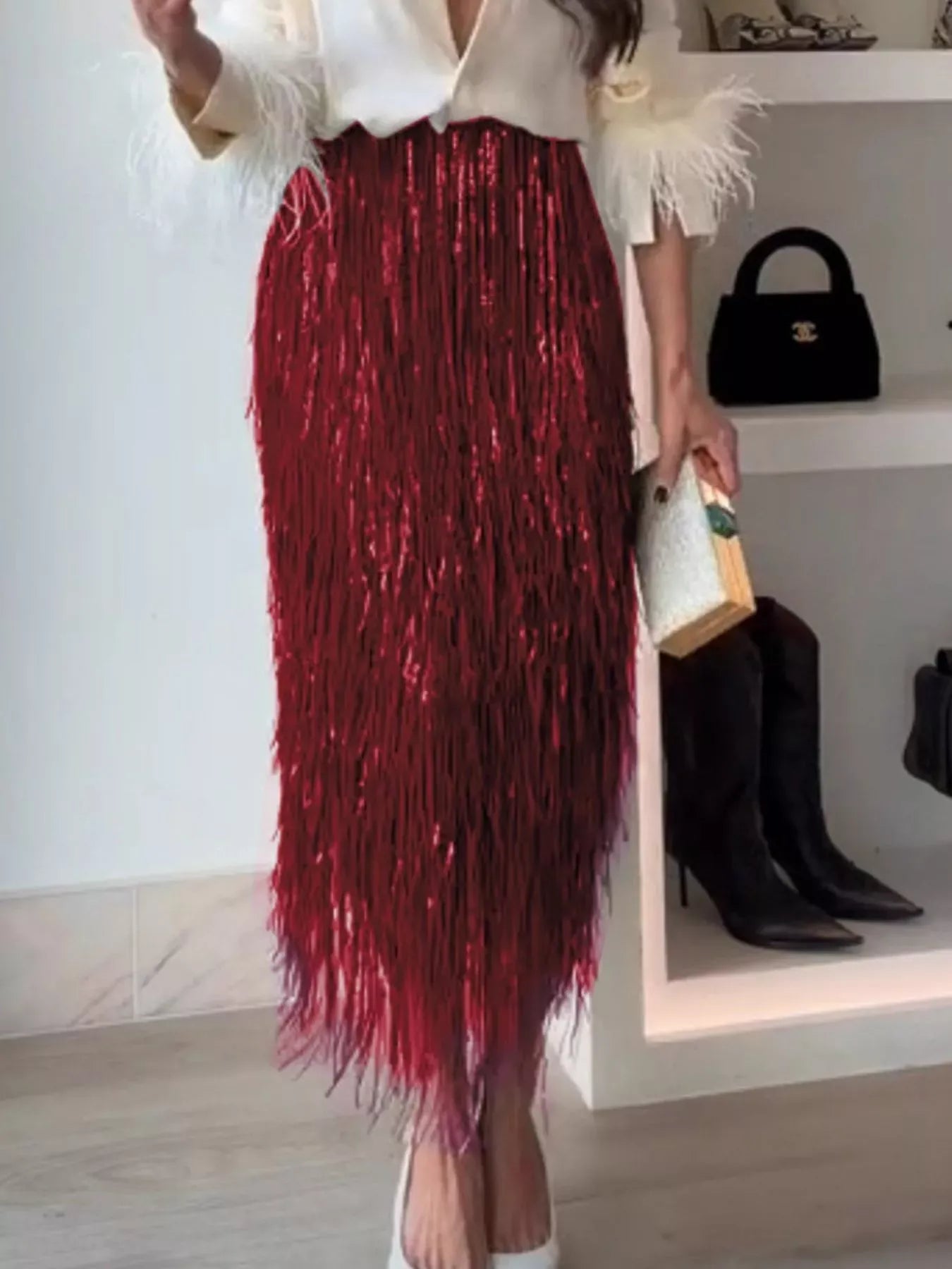 Trendsi Burgundy-Skirt / S Fringe Long Sleeve Shirt & Skirt Set